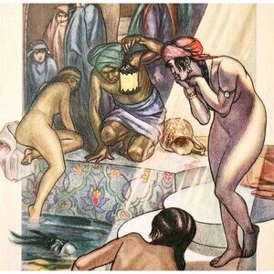 1937 Bath House Murder Persian Art Hajji Baba Cyrus Baldridge Plate Print DWSS22